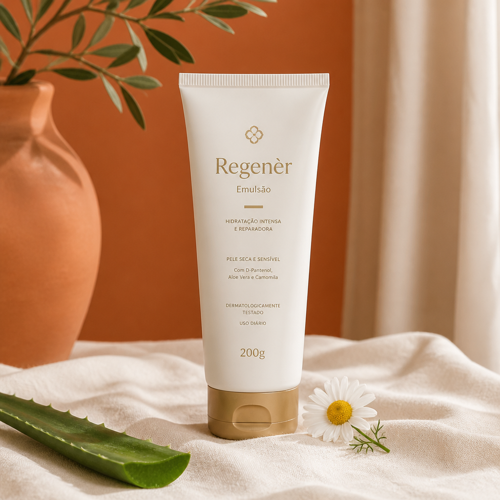 Regenèr Emulsão 200g em bisnaga branca com detalhes dourados